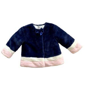 Little Me Plush Faux Fur Navy With Pink White Cuffs Hem Coat Size 2T
